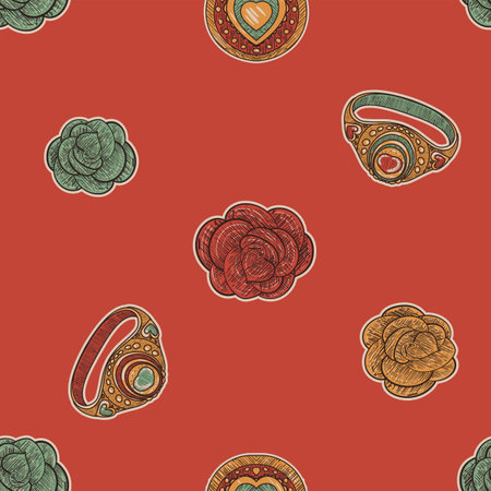 Valentine Day red vintage seamless pattern. Roses and rings in a retro sketch style on a red backgroundのイラスト素材