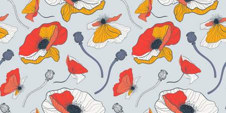 Floral seamless pattern with white and red poppies on light gray background. Summer botanical textiles pattern.のイラスト素材