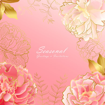 Light pink floral square card with peony flowers and golden line in an oriental soft color palette. Botanical decor for web ans social networks and greeting decorのイラスト素材