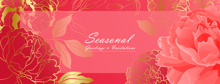 Soft red peony landscape banner with colden line in an oriental gentle color palette. Botanical decor for printing and web ans social networksのイラスト素材