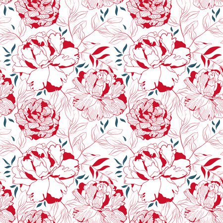 Peony red and white floral seamless pattern. Botanical linear decor for textile and wallpaper with pink backgroundのイラスト素材