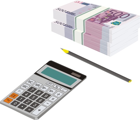 packets of money in Euros, a pencil and a calculator - the tools of financierのイラスト素材
