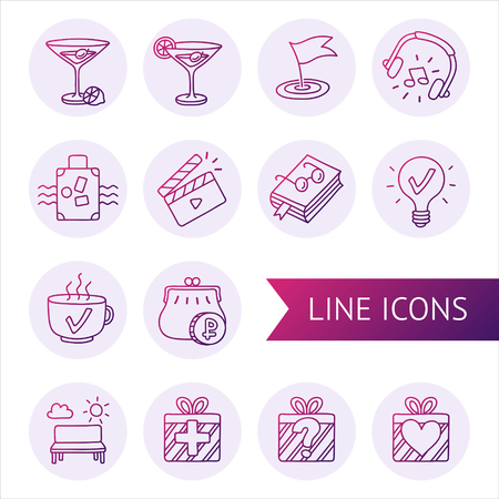 Vector lined icons by hand (symbol of recreation, entertainment, tourism).のイラスト素材