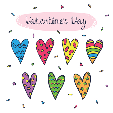 Greeting card with cute colored hearts. Vector cartoon illustration for wrapping paper, textile, web page background, packaging, poster, banner. Hand drawn lettering.のイラスト素材