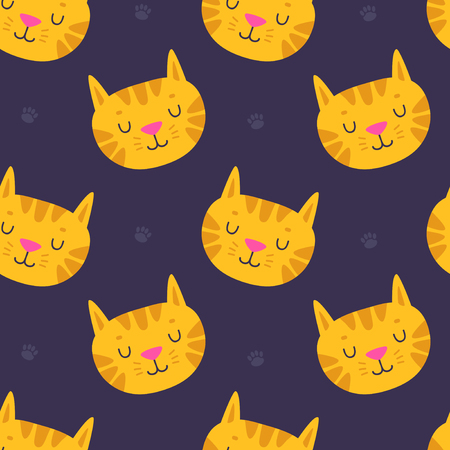 Handdrawn cute cat seamless pattern on dark background. Vector illustration EPS10 for birthday, wrapping paper, textile, web page background, packaging, poster, banner and etc.のイラスト素材