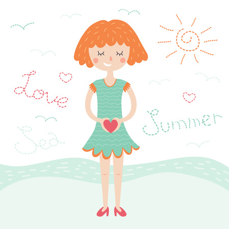 Vector card with cute girl holding heart.のイラスト素材