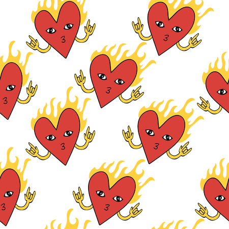 Creative pattern burning red heart with hands on white background. Fire and love concept. Vector illustration for Valentines day, poster, banner, web, design element, sticker.のイラスト素材
