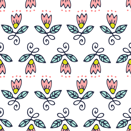 Simple seamless pattern with colorful hand drawn flowers on white background. Vector illustration for textile, paper, design, prints, decor, art, fabric.のイラスト素材