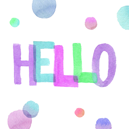 Colored watercolor words HELLO and circles isolated on white background. Hand drawn artistic illustration. Concept watercolor calligraphy.の写真素材