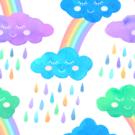Watercolor seamless pattern with smiling colorful clouds, rain and rainbow. Cute painting objects isolated on white background for your design.の写真素材