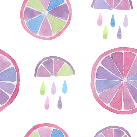 Watercolor seamless pattern of abstract citrus fruit with rain on white background. Hand drawn illustration for your design.の写真素材