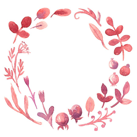 Watercolor floral wreath of flowers, berry and leaves on white background. Set of isolated floral elements. Simple illustration for design, printing, invitation or greeting cardsの写真素材