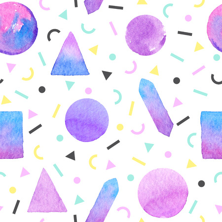 Watercolor seamless pattern of watercolor geometric shapes on white background. Hand draw illustration in memphis fashion style.の写真素材