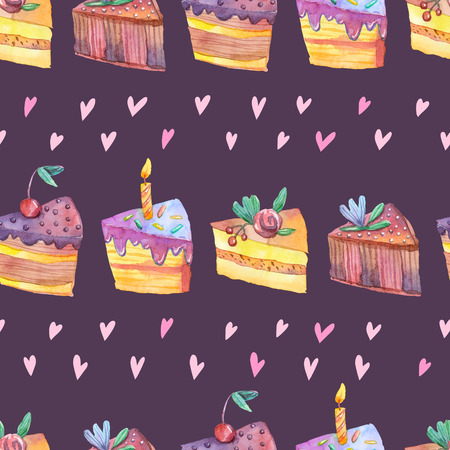 Seamless watercolor pattern with piece of cake on dark background. Hand drawn raster illustration dessert.の写真素材