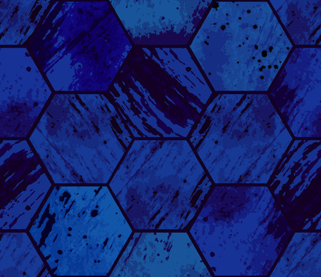 Seamless pattern with watercolor blue hexagons. Vector geometric ornamental texture for background. Abstract modern illustration with hand drawing elements.のイラスト素材