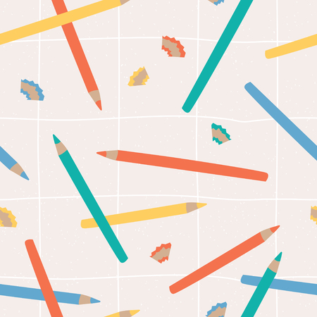 Seamless pattern with cute hand drawn pencil in pastel colors. Vector illustration in flat design on checkered background. Back to school.のイラスト素材