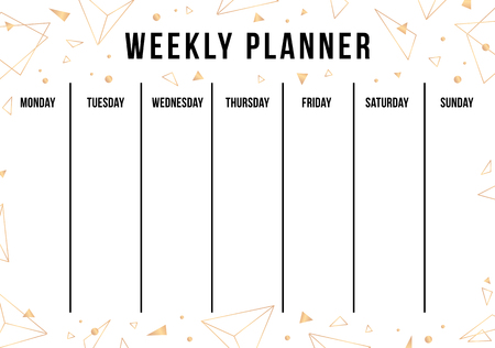 Weekly planner with gold geometric shape. Organiser and schedule with place for notes. Template page for print, office, school. Vector backgroundのイラスト素材