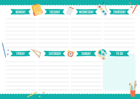 Cute weekly planner with hand drawn school elements. Template with place for notes. Vector illustration for print, office, school.のイラスト素材