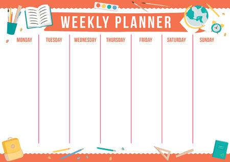 Cute weekly planner with hand drawn school elements. Template with place for notes. Vector illustration for print, office, school.のイラスト素材