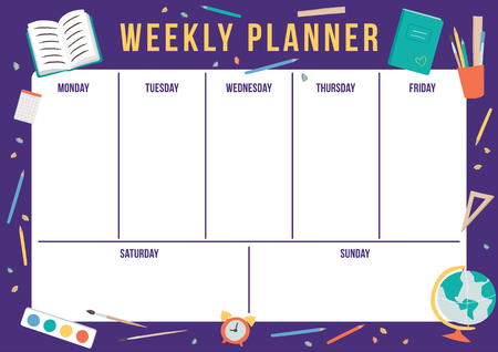 Cute weekly planner with hand drawn school elements. Template with place for notes. Vector illustration for print, office, school.のイラスト素材