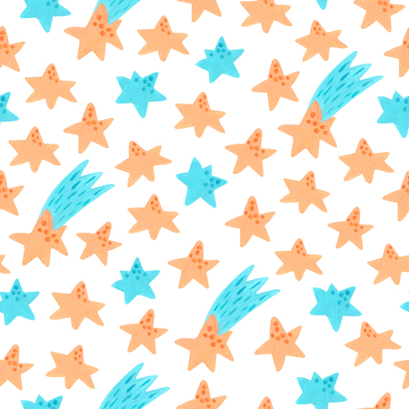 Gouache textured seamless background with hand drawn stars. Cute illustration for holiday decor, fabric, design, gift wrapping.の写真素材