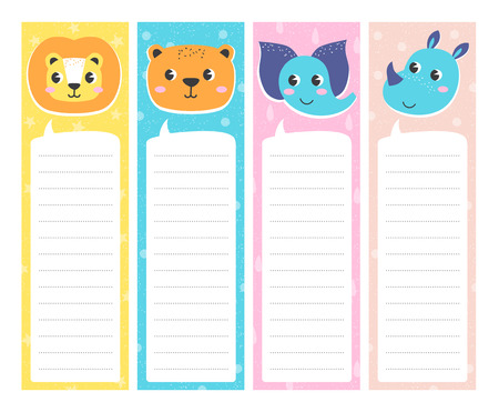 Cute vertical cards with animal in cartoon style. Template for card, bookmark, banner. Tags with place for text. Vector illustration, stamp texture.のイラスト素材