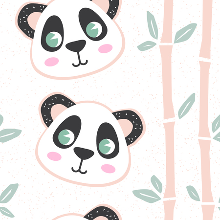 Seamless pattern with cartoon panda and bamboo. Cute baby background, stamp texture. Vector illustration in pastel color.のイラスト素材