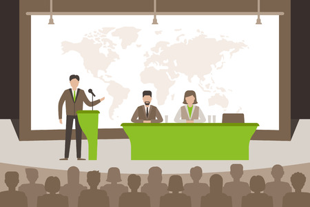 Speaker doing presentation about global issues in the world. World problem creative concept. Vector illustration flat style.のイラスト素材