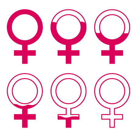 Set of gynecology icon with filled blood in pink color. Start and finish period. Concept of menstruation period, pregnancy or menopause. Vector illustration in flat styleのイラスト素材