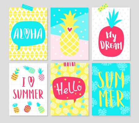 Summer hand drawn cards with pineapples and typography. Set of bright posters with hand written text. Vector illustration.のイラスト素材