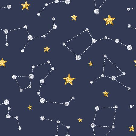 Magic seamless pattern with gold and silver glittering constellations. Star background and zodiac...