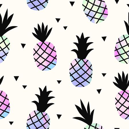 Seamless pattern of holographic pineapple with geometric ornament. Creative stylish background, trendy gradient. Vector illustrationのイラスト素材