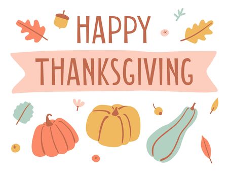 Hand drawn Happy Thanksgiving Day poster design. Autumn greeting card. Fall colorful leaves and lettering Happy Thanksgiving Day on white background. Celebration typography banner. Vector illustrationのイラスト素材