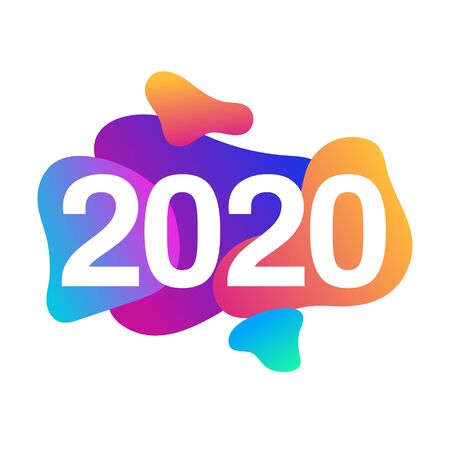 Colorful 2020 Happy New Year card with gradient geometric shapes. Abstract banner with 2020 logo on fluid shapes background. Fluid shapes composition with copy space. Vector  illustrationのイラスト素材