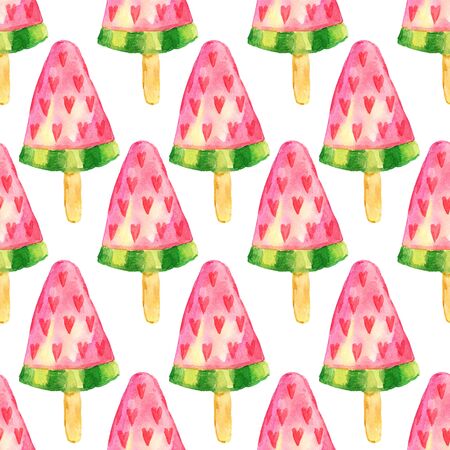 Seamless pattern with watercolor fruit ice cream on stick. Watermelon ice cream with hearts. Hand...