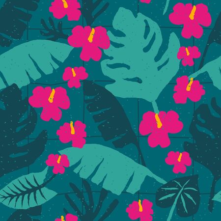 Tropical green seamless pattern with monstera palm leaves and hibiscus flowers. Contemporary background with hand drawn trendy texture for print, design, fabric. Vector illustrationのイラスト素材
