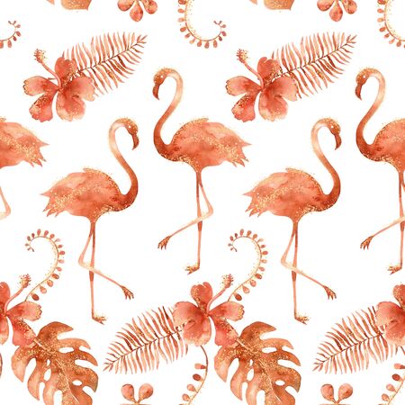 Watercolor hawaiian seamless pattern with flamingo and palms leaves. Burnt orange tropical background with gold glitter brush. Beach hand painted illustrationの写真素材