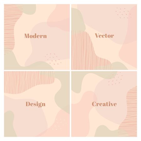 Stylish set of square background with organic abstract shapes in pastel colors. Modern design template with space for text. Fashion backdrop. Vector Illustrationのイラスト素材