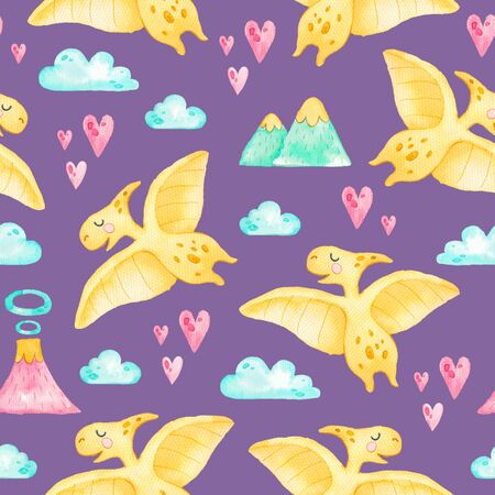 Watercolor painting seamless pattern with cute dinosaurs. Colorful cartoon dinosaurs on dark background. Backdrop for nursery, paper and fabric. Watercolor hand drawn illustrationの写真素材