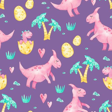 Cute funny kids seamless pattern with watercolor dinosaurs. Colorful cartoon dinosaurs on dark background. Backdrop for nursery, paper and fabric. Watercolor hand drawn illustrationの写真素材
