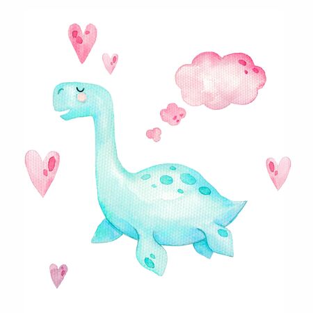 Watercolor cute dinosaurs Pliosauroidea with dialogue speech and heards. Little dino prehistoric period. Watercolor illustrationの写真素材