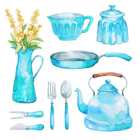 Watercolor set with kitchen utensils isolated on whiteの写真素材