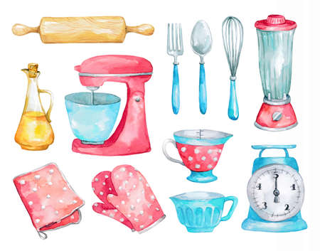 Watercolor set with kitchen utensils isolated on whiteの写真素材