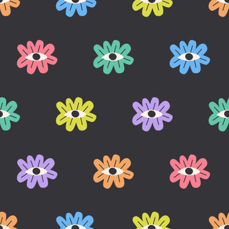 Simple seamless pattern colorful flowers on black background. Floral design, psychedelic flowers...