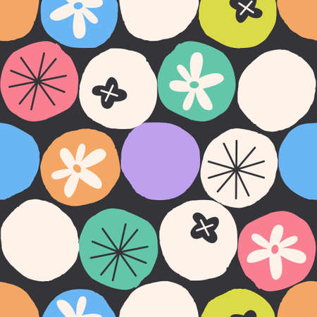 Simple seamless pattern with abstract flowers on black background. Hand drawn floral colorful design. Vector illustrationのイラスト素材