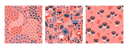 Modern seamless pattern set with little flowers. Floral collage design for fabrics, print, scrapbooking. Vector illustrationのイラスト素材