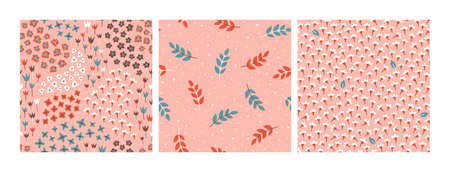 Modern seamless pattern set with little flowers. Floral collage design for fabrics, print, scrapbooking. Vector illustrationのイラスト素材
