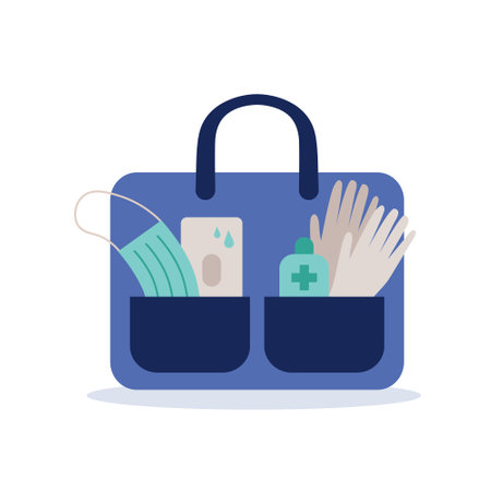 Sanitizer kit icon flat style. Disinfectant, medical face mask, gloves and wipes in bag. New normal lifestyle covid-19 concept. Vector illustrationのイラスト素材