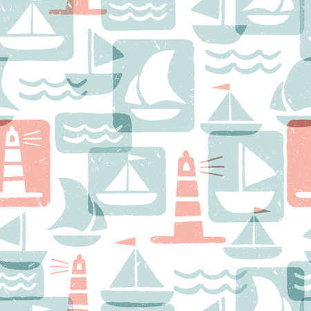 Pastel seamless pattern with ship and lighthouse. Vector background in block print style.のイラスト素材