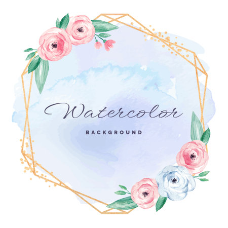 Gold glitter geometric frame with watercolor flowersのイラスト素材